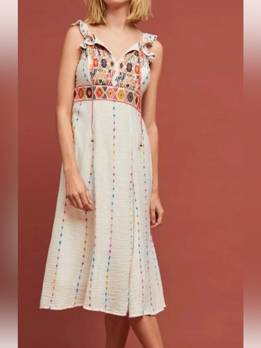 Altar'd State Andrea Llama Cream Midi Dress with Multicolor Embroidery M